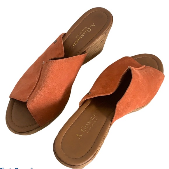 A. Giannetti Orange Suede Wedge Slides Sz 9.5 - Picture 1 of 8